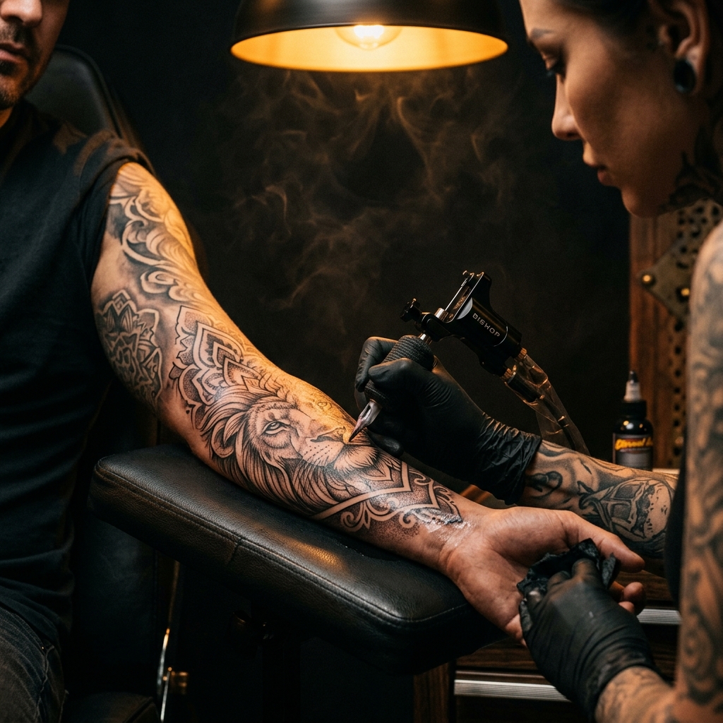 Professional tattoo artist at work in President Ink studio