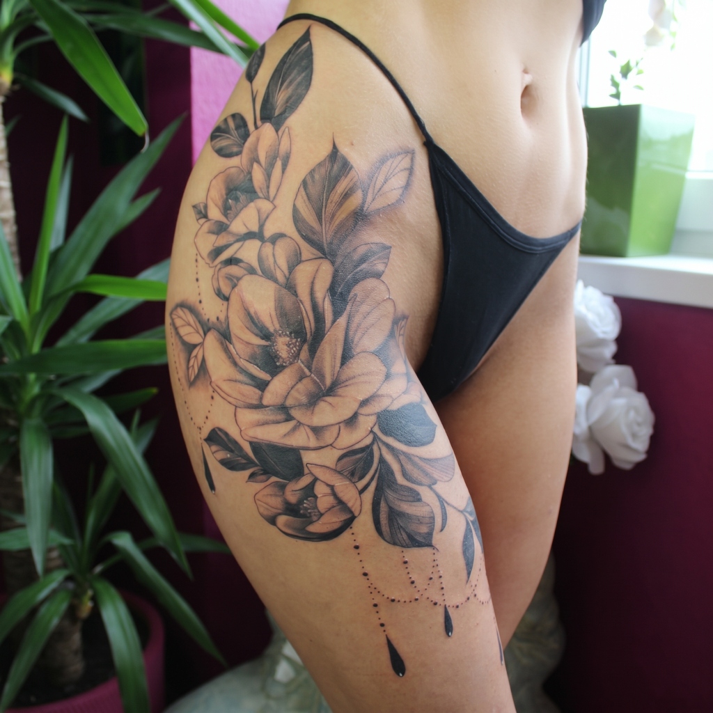 Fine line tattoo — Floral hip piece